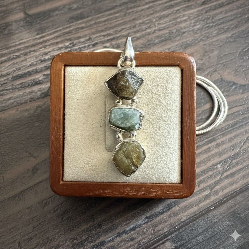 Cosmic Sterling Silver Raw Moldavite, Sapphire & Peridot Energy Pendant Necklace